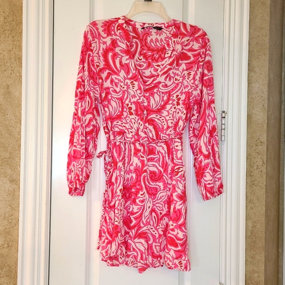 Zara Button-Down Printed Mini Dress Pink and White Large - Picture 2 of 8